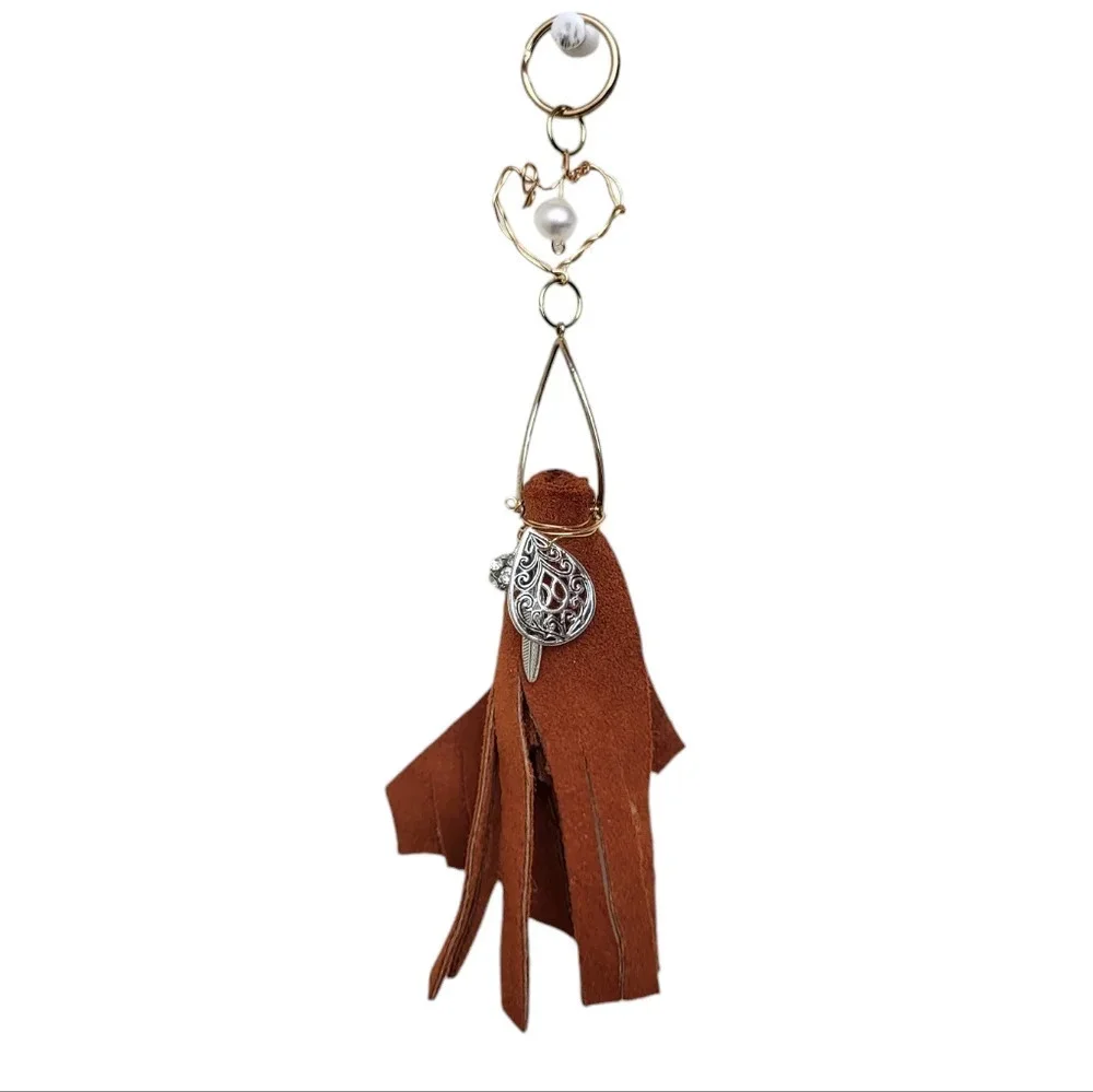 Gold Plated Brown Suede Fringe Keychain